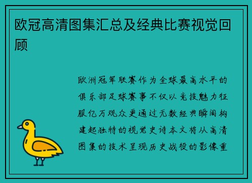 欧冠高清图集汇总及经典比赛视觉回顾