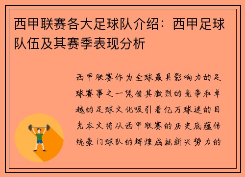 西甲联赛各大足球队介绍：西甲足球队伍及其赛季表现分析