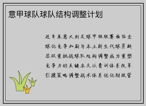 意甲球队球队结构调整计划